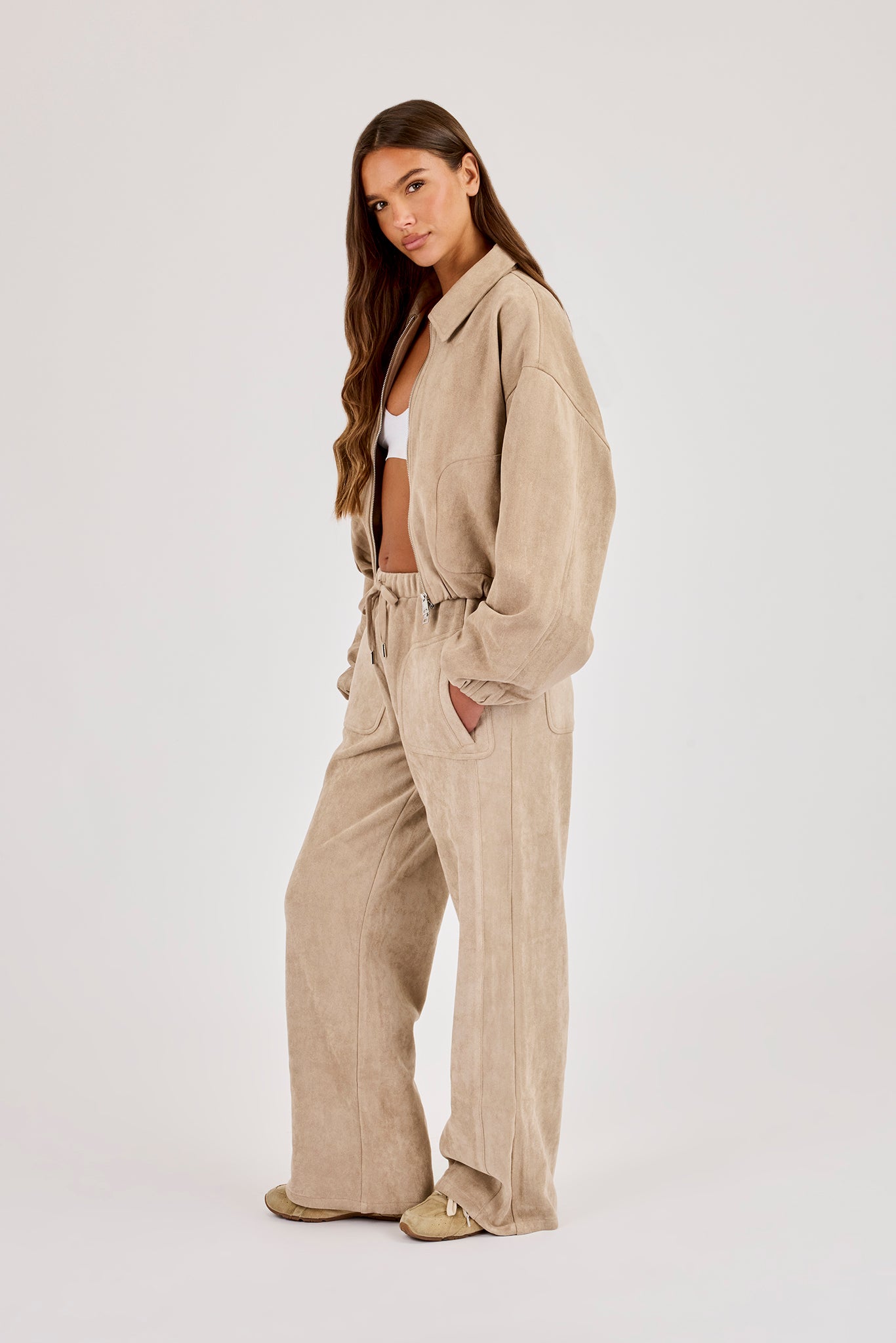 Suede Collared Bomber Jacket & Wide Leg Trouser - Beige